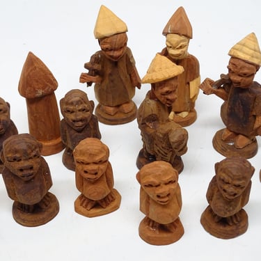 14 Small Antique African Hand Carved Wood Nativity Creche Figures, Cross, Huts, Vintage Christian Religious Santos, Ghana Missionary 