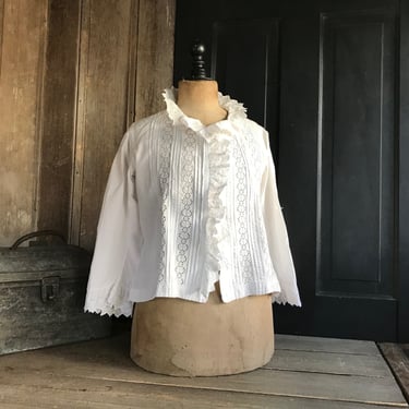 French Chemise Blouse, White Cotton, Ruffle Collar Sleeves, Broderie Anglaise, Embroidery, Lawn Work, Lace, Monogram, French Farmhouse 