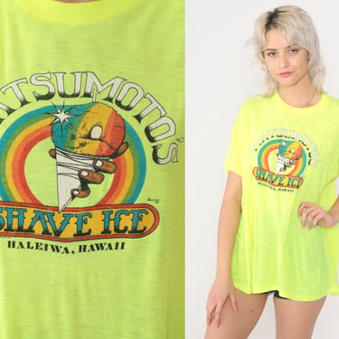 Hawaii Rainbow T Shirt 80s Matsumoto Shave Ice Tee Neon Yellow Beach 1980s Graphic Shirt Haleiwa Tee Burnout Thin Vintage Extra Large xl 