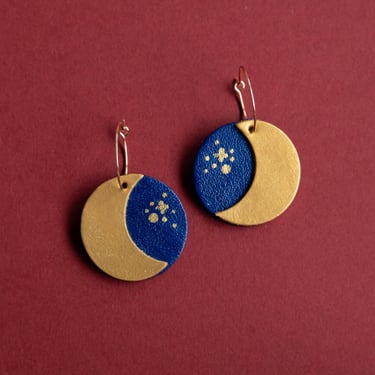 Night Sky Hoops in Gold / Small - Black or Blue Leather Background 