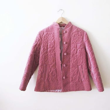 Vintage 80s Quilted Velvet Jacket XS S - Floral Quilt Rose Mauve Chinese Asian Style Jacket 