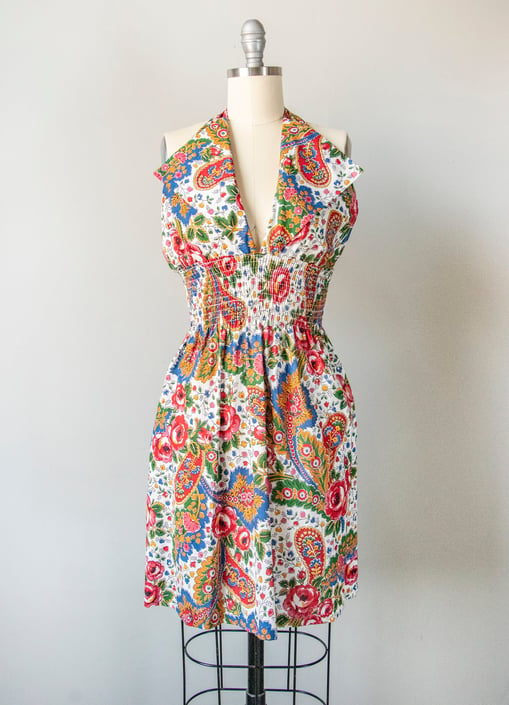 1970s Dress Smocked Floral Cotton Halter S 