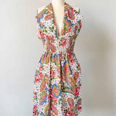 1970s Dress Smocked Floral Cotton Halter S 