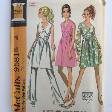 60's Vintage McCalls 9581 Grecian Style Dress With 2 Versions And Pants, Size10, Bust 32.5&quot;, 1968, UNCUT, Sewing Pattern 