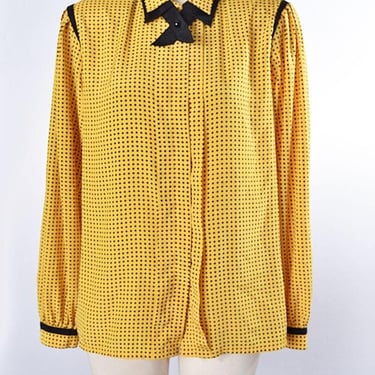 80's Yellow & Black Blouse Vintage New Wave style Polka Dot Shirt 1980's by Jordan Bright yellow 