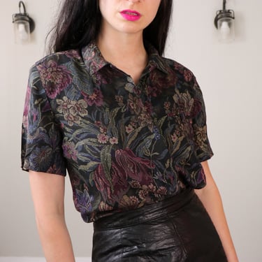 1980's Short Sleeve Button Up/ 80's Shirt with Shoulder Pads/ Vintage Muted Floral Blouse/ Crazy Horse Blouse Size Medium 
