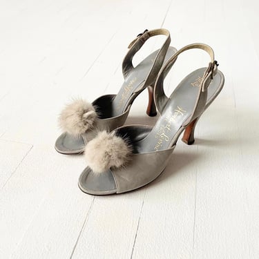 1940s Grey Suede Pom Pom Heels 