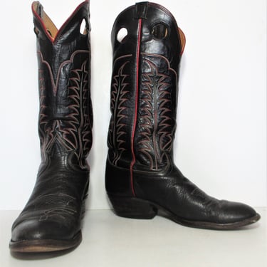 Vintage Tony Lama Black Leather Cowboy Boots, size 9.5 Men, red trim, red white stitching 