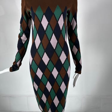 Azzedine Alaia Rare Fall 1992 Brown & Green Argyle Knit Body Con Dress Medium