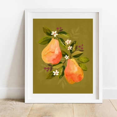 Botanical Pears 8 X 10 Art Print/ Autumn Fruit With Flowers Illustration/ Modern Farmhouse Kitchen Wall Decor 