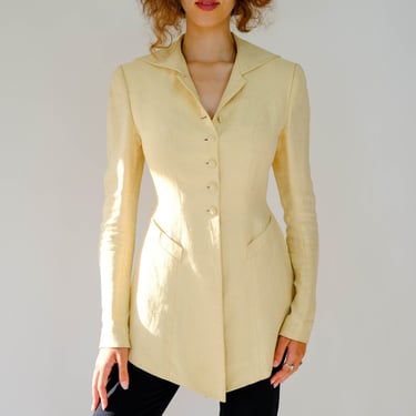 Vintage 90s Richard Tyler Natural Linen Edwardian High Low Multi Button Blazer | Made in USA | 100% Linen | 1990s Designer Bohemian Jacket 