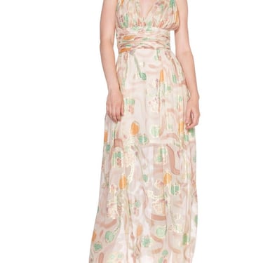 MORPHEW COLLECTION Hand Painted Silk Lurex Fil Coupé  Chiffon Gown With Gold Chain Straps 