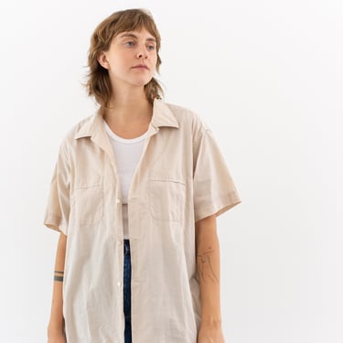 Vintage Lightweight Khaki Short Sleeve Button up Work Shirt | Unisex Tan Beige Simple Studio Shirt | Cotton Poplin Painter Smock | L | K017 