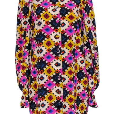 Rhode - Beige, Purple, Blue, & Yellow Abstract Print Button-Up Dress Sz M