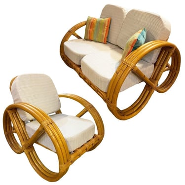 Restored Child Size 3-Strand Round Full Pretzel Rattan Sofa & Lounge Chair 