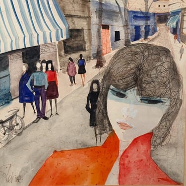 Charles Levier Watercolor Painting of Woman in the Street - 1960s French Artwork - Signed by Artist - Chic European Paintings - France 