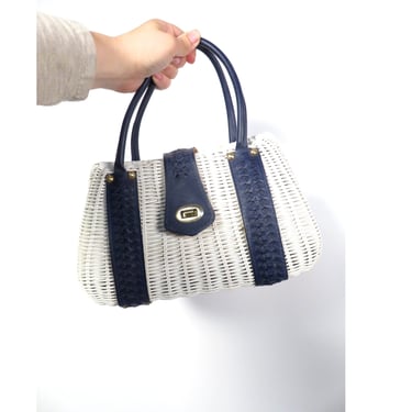 Vintage 50s/60s White Wicker Purse With Navy Blue Leather Accents 