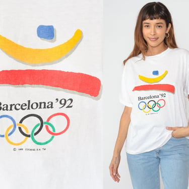Barcelona Games Shirt 1992 Sports T-Shirt 90s Sports 92 Spain Graphic Tee Retro TShirt Athletic Tourist Travel White Vintage 1990s Large L 