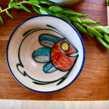 Midcentury modern ceramic pottery blue red yellow green fish bowl dish Danish modern Scandinavian style 