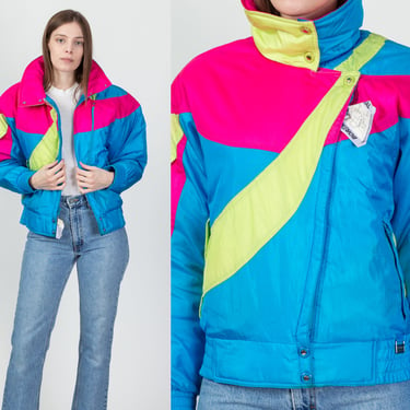 80s 90s Color Block Puffy Ski Jacket - Women's Medium | Vintage White Stag Neon Colorful Winter Coat 