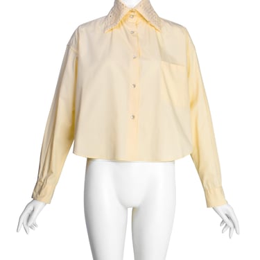 Romeo Gigli Vintage 1990s Light Yellow Cotton Wide Cut Cropped Button Up Shirt