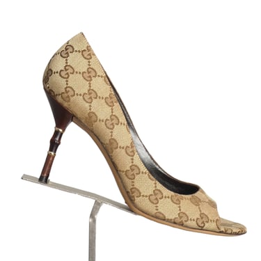 GUCCI- Supreme Open Toe Bamboo Heel Pumps, Size 8.5B