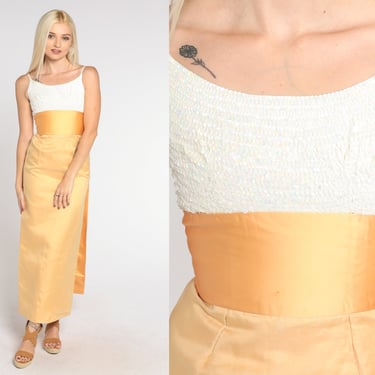 60s Party Dress Orange Satin White Sequin Maxi Dress High Slit Bow Formal Empire Waist Cocktail Sleeveless Gown Vintage 1960s Extra Small XS 