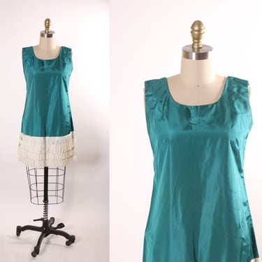 1960s Does 1920s Teal Blue Green Sleeveless White Fringe Flapper Dress 
