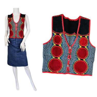 1960's Red Suede Grey Crocheted Cropped Vest I Sz Med I Hippie I Patchwork 
