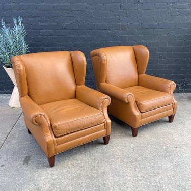 Par of Vintage Leather English Style Wing Chairs, 1980’s 