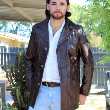 Vintage 1970s Sears The Leather Shop Brown Leather Coat, Size 38R Men, removable liner 