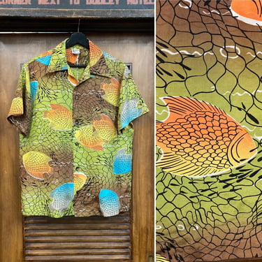 Vintage 1940’s “Catalina” Label Atomic Fish Silk Hawaiian Shirt, 40’s Loop Collar Shirt, 40’s Fish Net Pattern, Vintage Clothing 