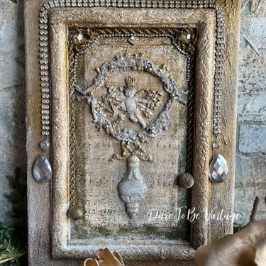 Old World Metallic Jeweled Cherub Wall Art / Vintage Christmas Jeweled Art Board 