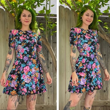 Vintage 1990’s Black Floral Micro Mini Dress 