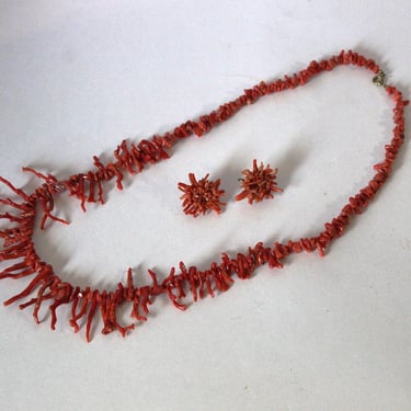 Vintage Mid Century Genuine Branch Coral Orange Red LONG 32 Inches Necklace and matching earrings set / Vtg Hawaiian 