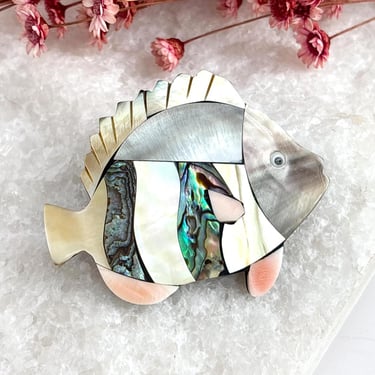 Iridescent Nautral Mother of Pearl | Abalone Extra Large Vintage Artful Fish Brooch Pin 