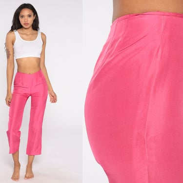 70s Hot Pink Pants -- 1970s Trousers Creased Straight Leg Trousers High Rise Waist Pants Vintage Cropped Mod Seventies Extra Small xs 
