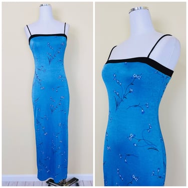 Y2K Vintage Blue Lycra Floral Dress / Flower Print Stretch Spaghetti Strap Slinky Dress / Size Small 