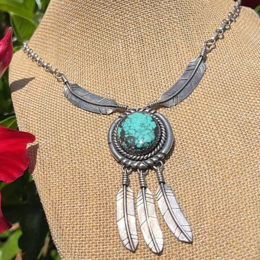 Vintage Native American Turquoise Sterling Silver Feather Dangle Necklace 