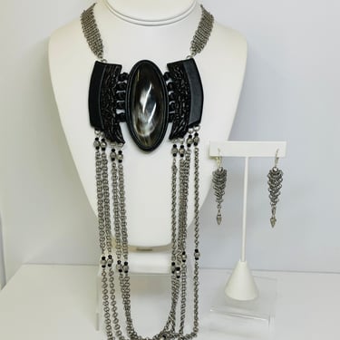 Ferrara Silver Mesh and Leather Bull Horn Necklace and Earrings