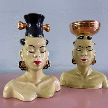 Vintage Pair of 1950s Mid Century Nubian African Head Vases in Chartreuse with Gold Detailing 