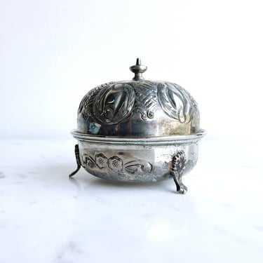 Vintage Moroccan Sugar Bowl Sucriere Repousse Silver Canister Small Footed Dish with Lid Serving Hammered Silver Candy Nuts Covered Bowl 