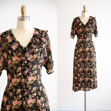 cute cottagecore dress 90s y2k vintage sheer black floral chiffon corset midi dress 