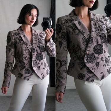 GIORGIO ARMANI Rose Pearl & Black Textured Floral Asymmetrical Silk Lined Bolero Blazer | Made in Italy | Y2K 2000s ARMANI Designer Jacket 