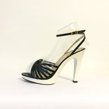 RARE 1970s Platform Disco Heels / White Lucite Black Ankle Strap / Open Toe Size 8 70s Disco Heels Stilettos / Made in Italy 