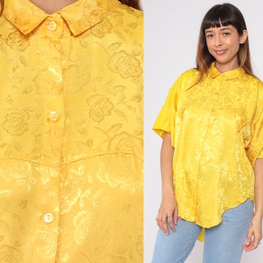 Bright Yellow Floral Blouse 90s Button up Shirt Shiny Embossed Flower Rose Print Top Short Sleeve Bohemian Hippie Retro Vintage 1990s Large 