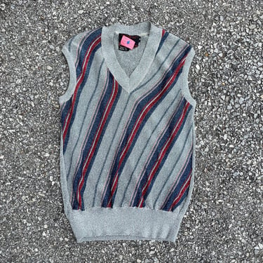 Vintage ‘70s striped metallic lurex sweater vest | disco era sparkly top, V-neck pullover, S/M 
