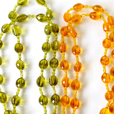 1950s West Germany Matching Double Strand Citrine and Peridot Lucite Bead Princess Length Necklaces 