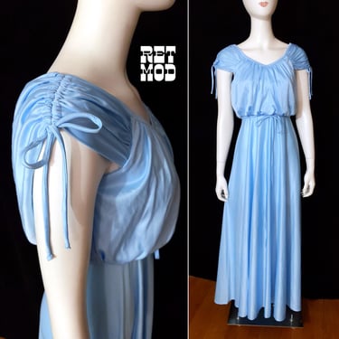 Lovely Grecian Vibes Vintage 60s 70s Pastel Blue Long Maxi Dress 