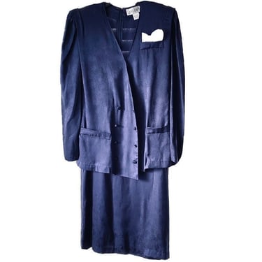 80s Argenti Women’s Navy Blue Midi Silk Overlay Jacket Dress 